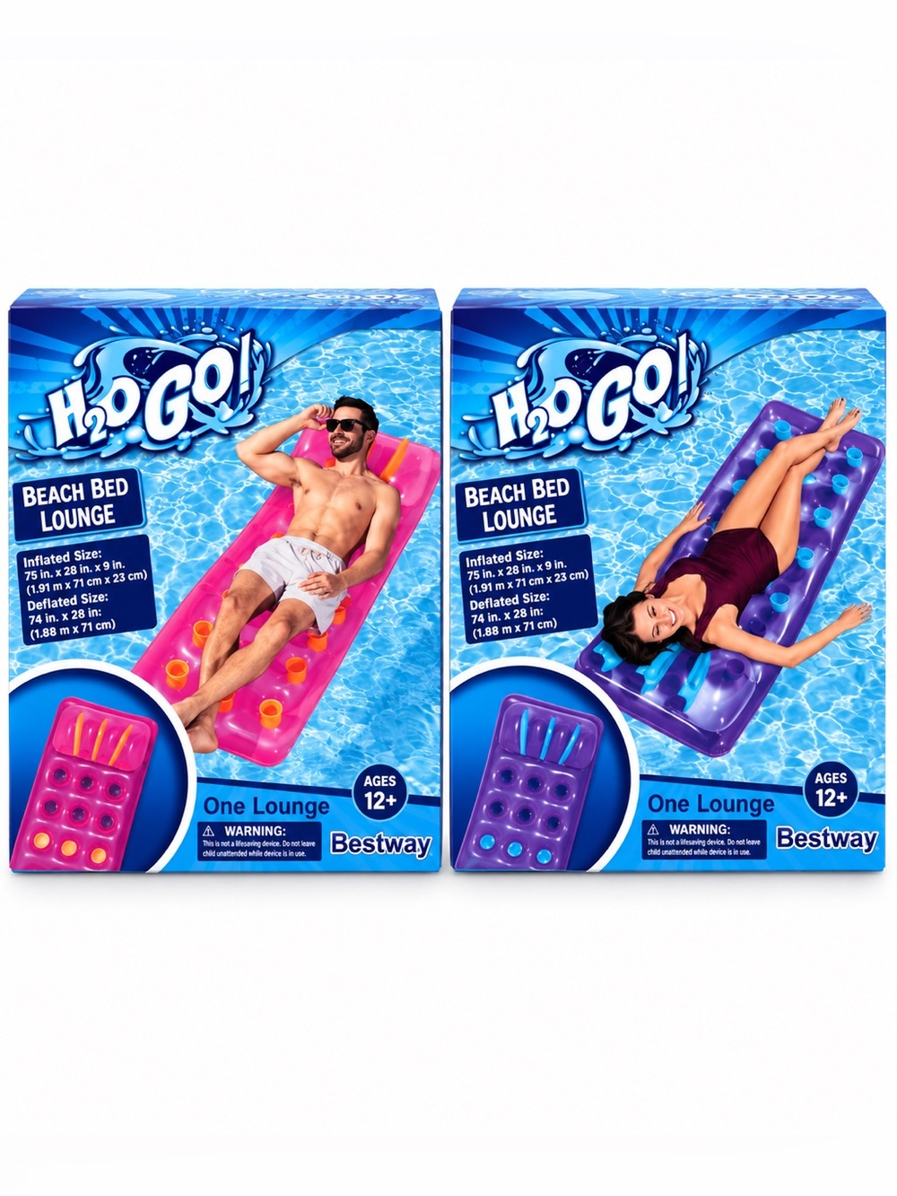 2 Pack! Beach Bed Lounge by Bestway H2OGO Inflatable Pool Floats Pink & Purple
